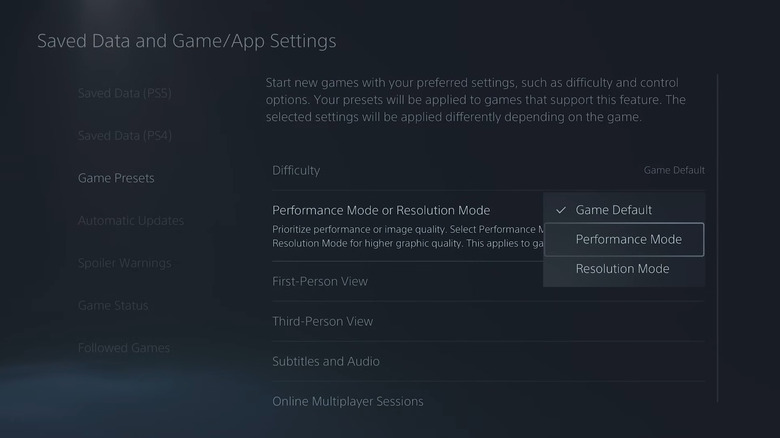 Performance Mode selected in PS5 settings menu