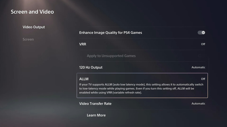 Enabling ALLM mode in Screen and Video settings on PS5