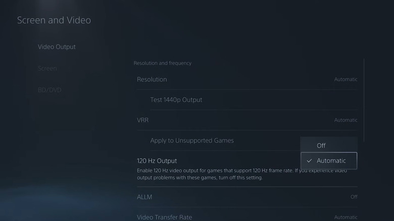 Setting 120Hz output mode to Automatic in PS5 settings