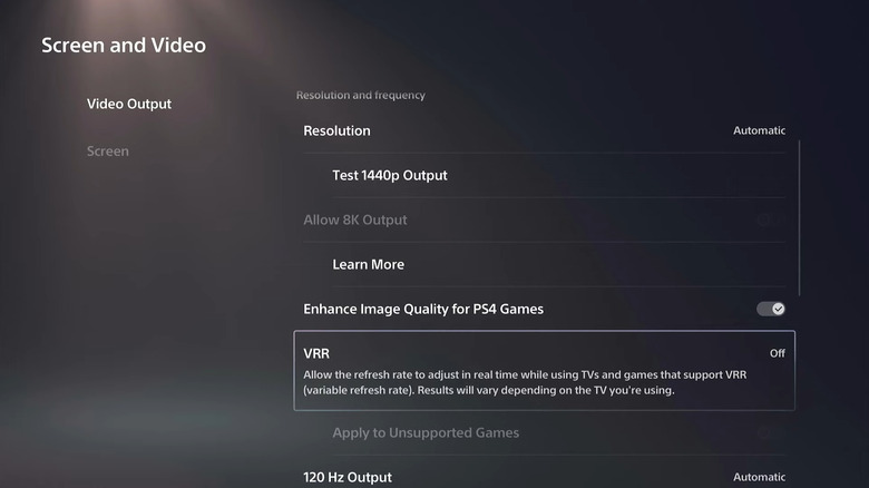 VRR option selected in PS5 settings