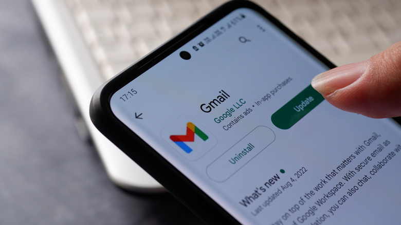 Gmail app with update option on smartphone