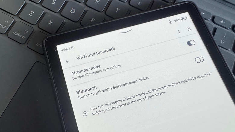 Kindle on keyboard showing Airplane Mode in settings