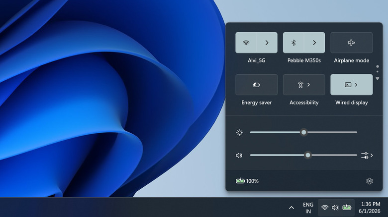 quick settings on Windows 11 showing the Wi-Fi, Bluetooth, Energy Saver settings along with the brightness slider