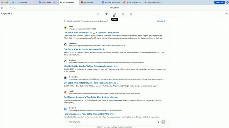 The tabbed ChatGPT Search exprience in ChatGPT Atlas.
