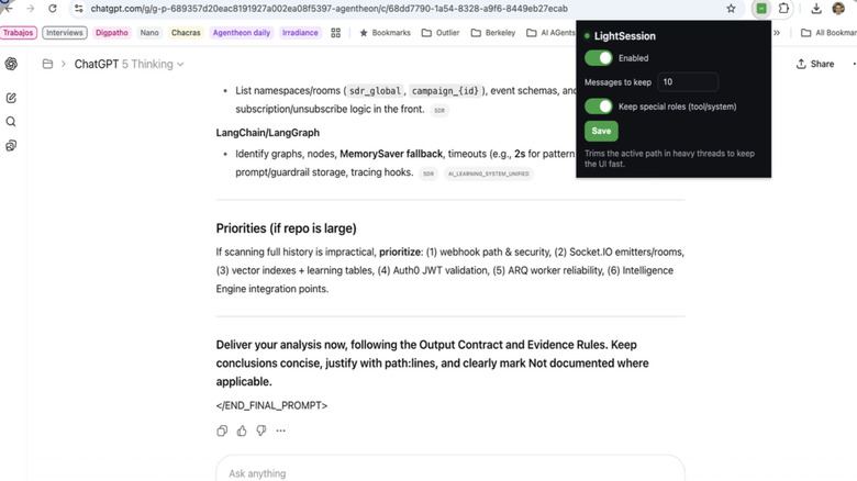 A screenshot of ChatGPT LightSession extension settings page