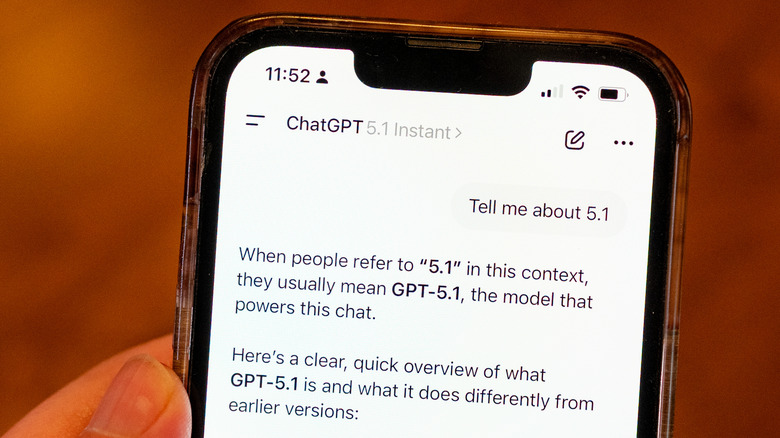 A conversation in the ChatGPT app for iPhone about GPT-5.1.