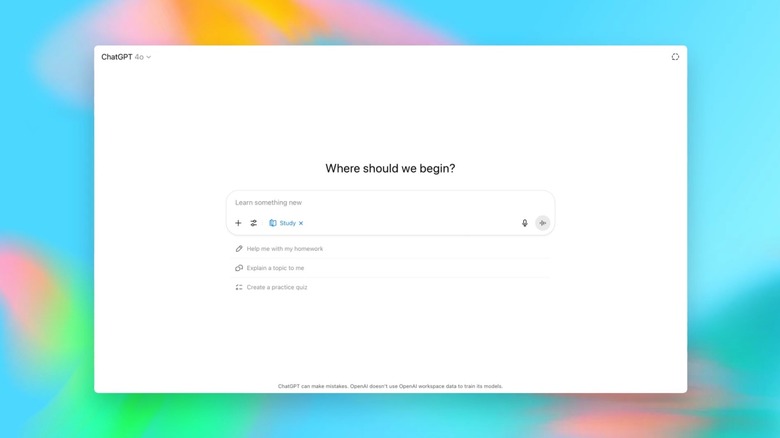 New Study and learn mode in the ChatGPT prompt composer.