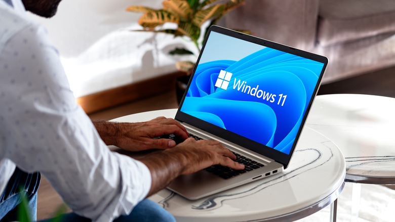 Person using a laptop with the Windows 11 logo displayed