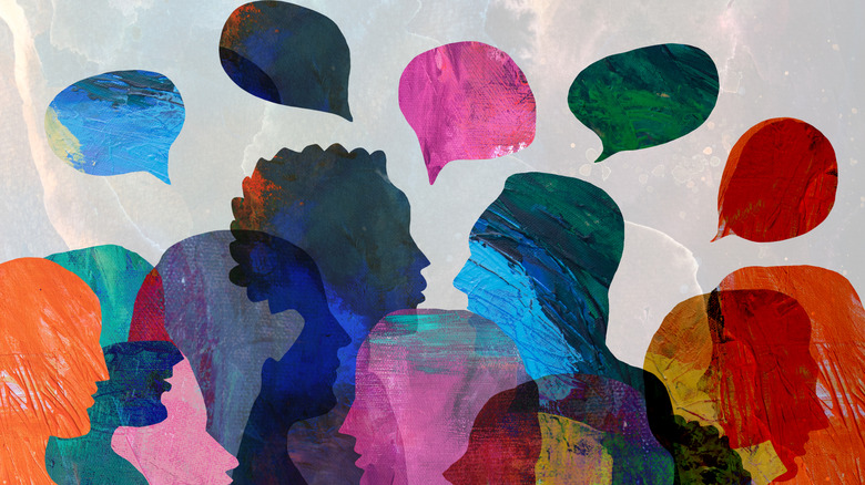 A series of colorful silhouettes of people with text bubbles above them
