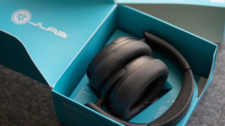 A JLab pair of headphones in their box.