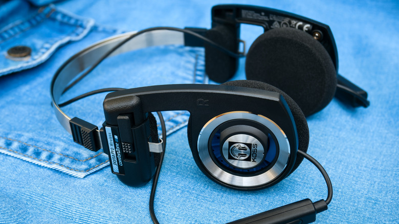 A Koss Portra Pro, on a denim jacket.