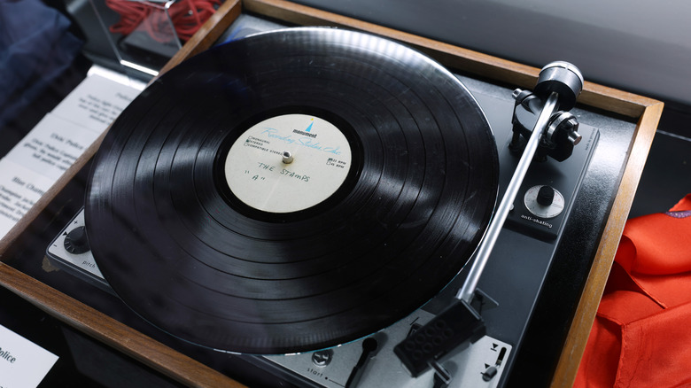 Vinyl record sitting on a turntable.