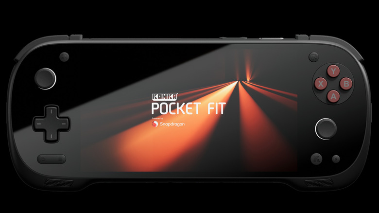 AYANEO Konkr Pocket Fit handheld gaming device shown on a black background.
