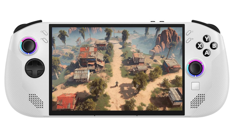 Lenovo Legion Go S handheld gaming device displaying an overhead action game on its screen.