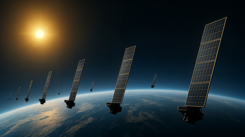 A fleet of Starlink satellites in orbit around the Earth.