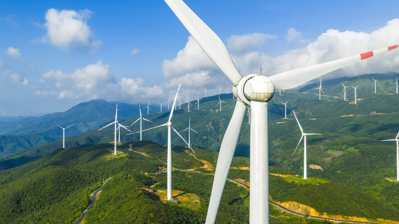 A wind farm on a rolling hillside