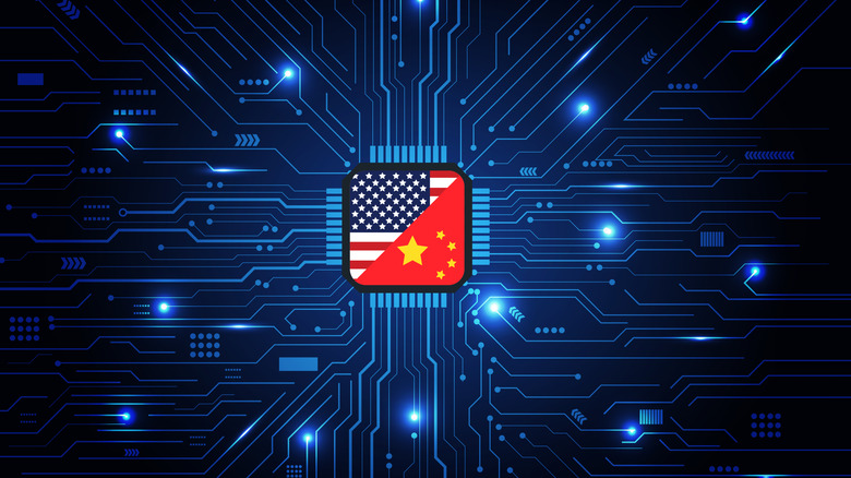 An American and Chinese flag split a GPU chip in the center of a blue graphic of a motherboard.