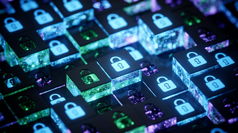 Glowing cubes with icons of locks on top