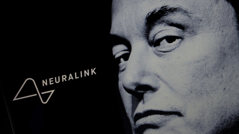 A black and white photo of Elon Musk alongside the Neuralink logo