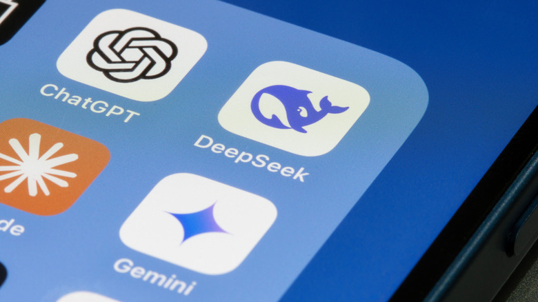 ChatGPT, DeepSeek, Claude, and Gemini logos on a phone home screen