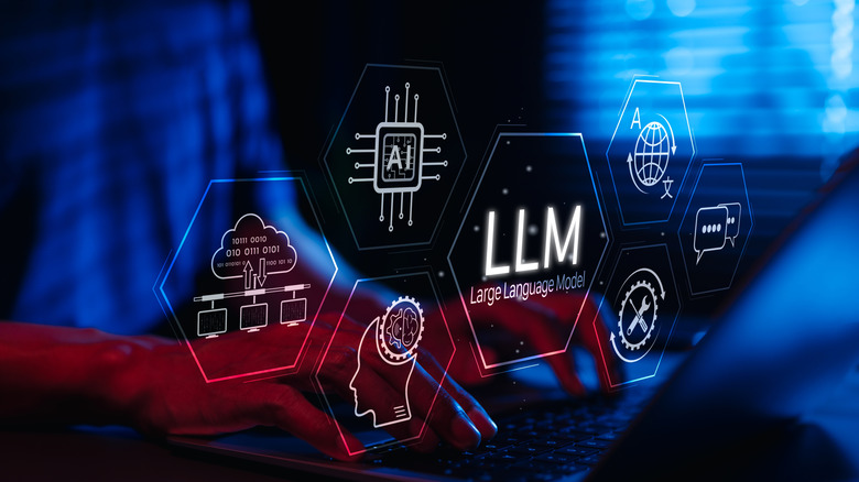 Concept for large language model floating above person typing on laptop
