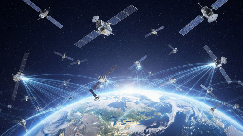 Numerous satellites shown to form a network above Earth's orbit.