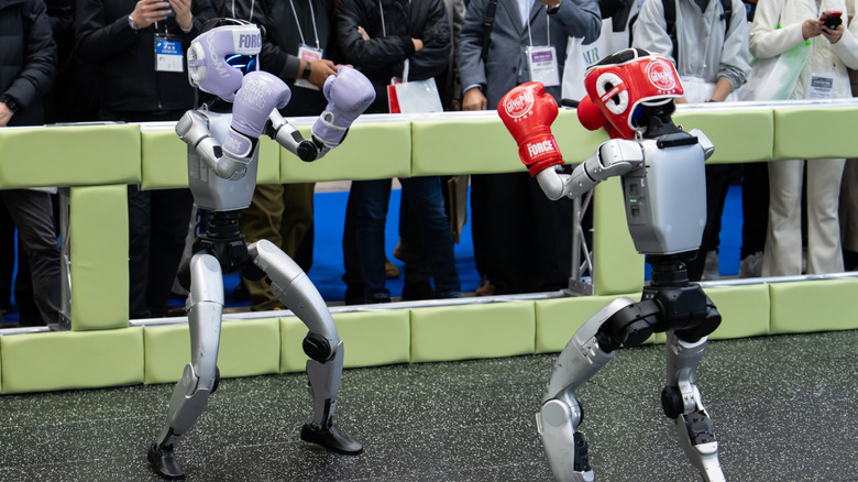 Humanoid robots fighting in a Tokyo exhibition