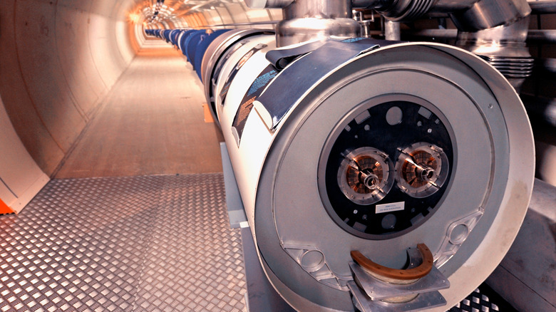 Close up of a particle accelerator tunnel at LHC and CERN.