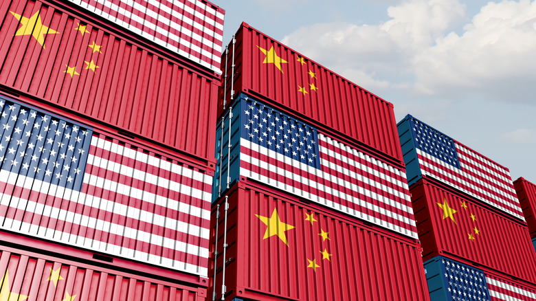 U.S. and China export containers stacked on top of one another