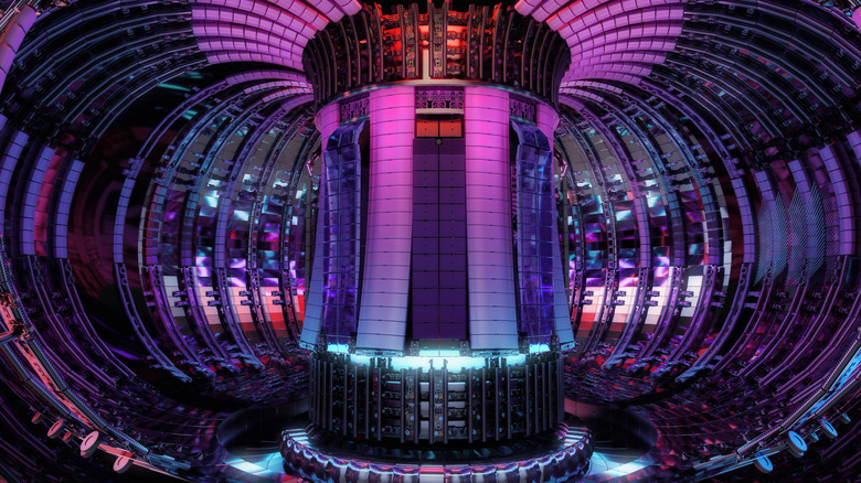 An artist's rendering of a nuclear fusion reactor shows a high tech, purple colored reactor surrounded by circular walls.