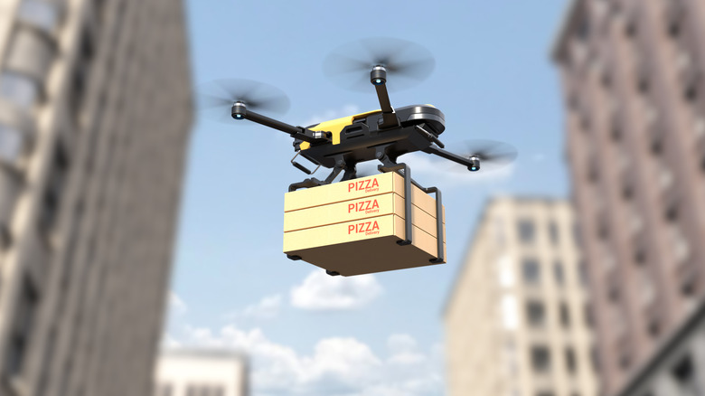 3D render of drone delivering piza