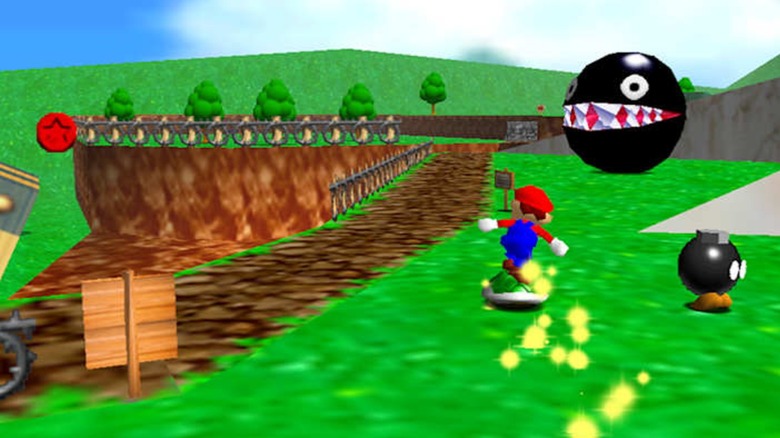 Super Mario 64 riding on green shell in Bomb-omb Battlefield