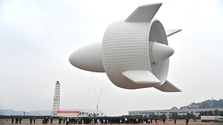 The SAWES Type S2000 aerostat during a demonstration flight earlier this year.