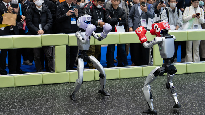 Unitree G1 robots fighting in a ring with boxing gloves.