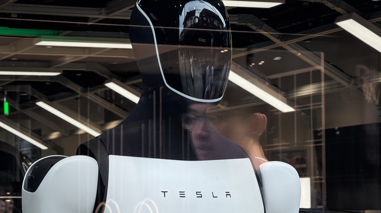 Tesla Optimus robot gazing through a window