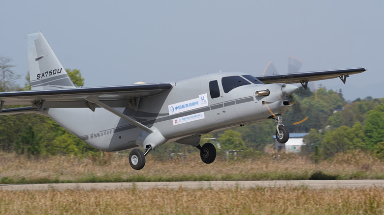 The AEP100 engine test flown on the SA750U unmanned cargo aircraft, seen taking off