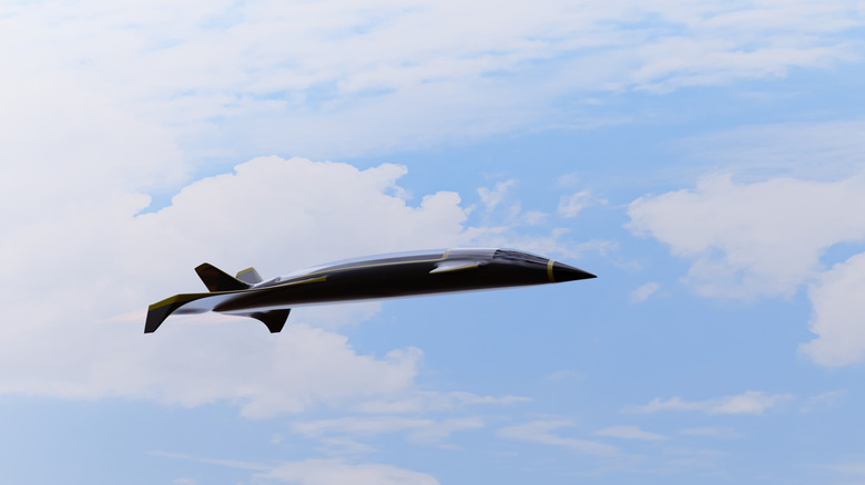 3D concept render of hypersonic flight jet in the clouds