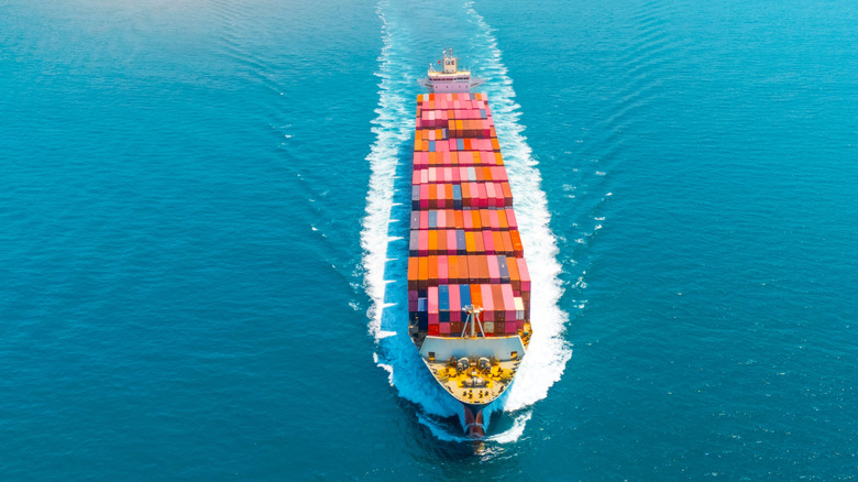 A large cargo ship sailing.