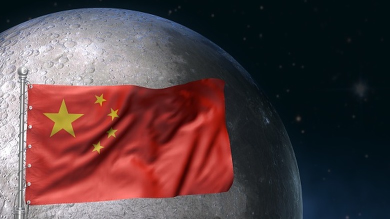 Chinese flag over the moon, symbolizing China's efforts to get to the moon