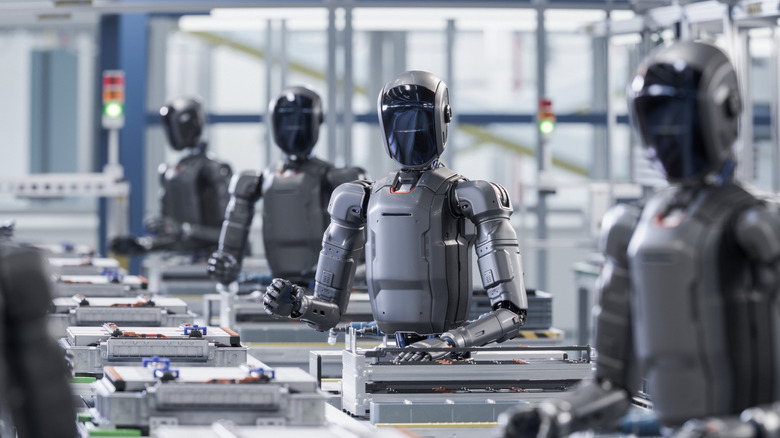 A concept image showing humanoid robots working on an assembly line.