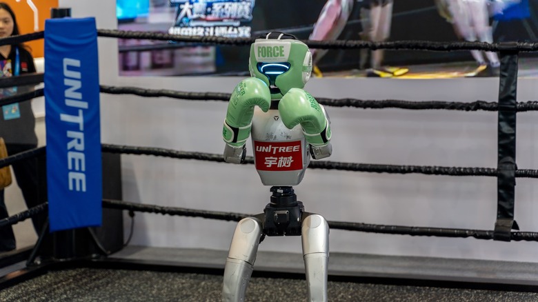 Humanoid robot from Unitree in boxing attire.