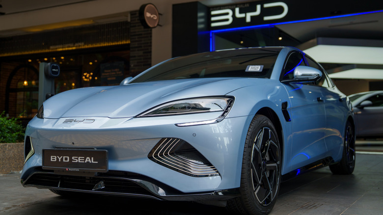 A BYD electric vehicle in a showroom