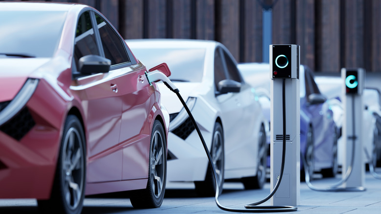 A line of cars recharging at an electric vehicle charging station