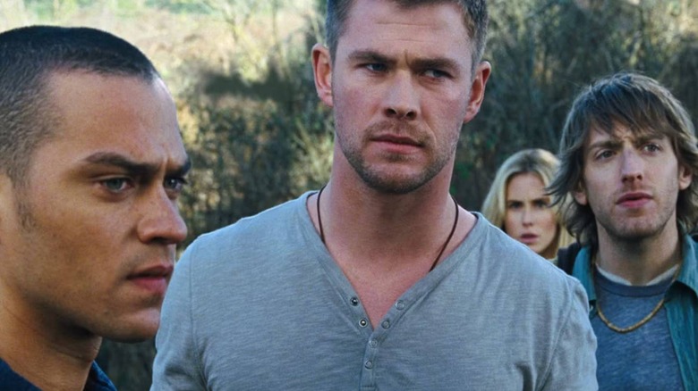 Anna Hutchison, Fran Kranz, Jesse Williams, and Chris Hemsworth in The Cabin in the Woods