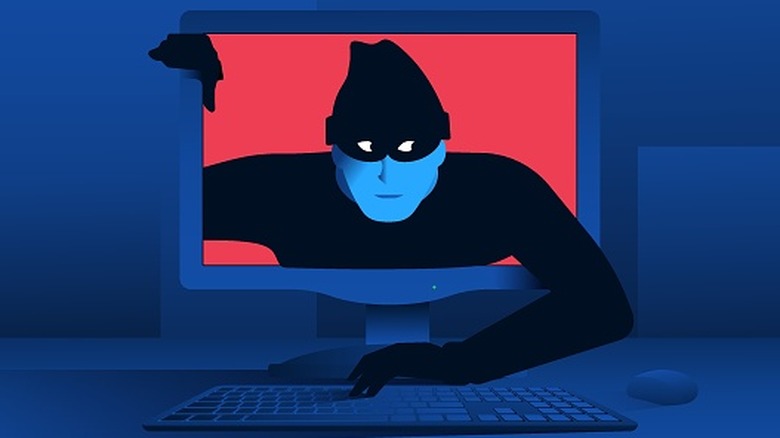 A masked burglar climbs out of a red desktop screen set against a blue background