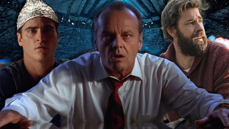 Joaquin Phoenix from Signs, Jack Nicholson from Mars Attacks, and John Krasinski from A Quite Place against the White House explosion from Independence Day