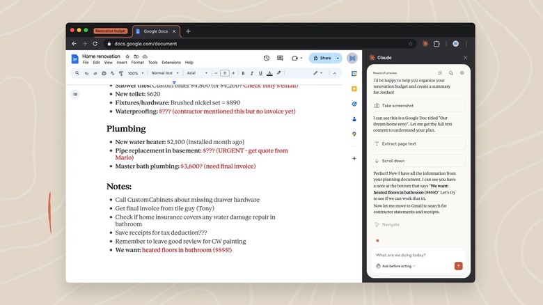 The Claude for Chrome extension can perform tasks for the user.