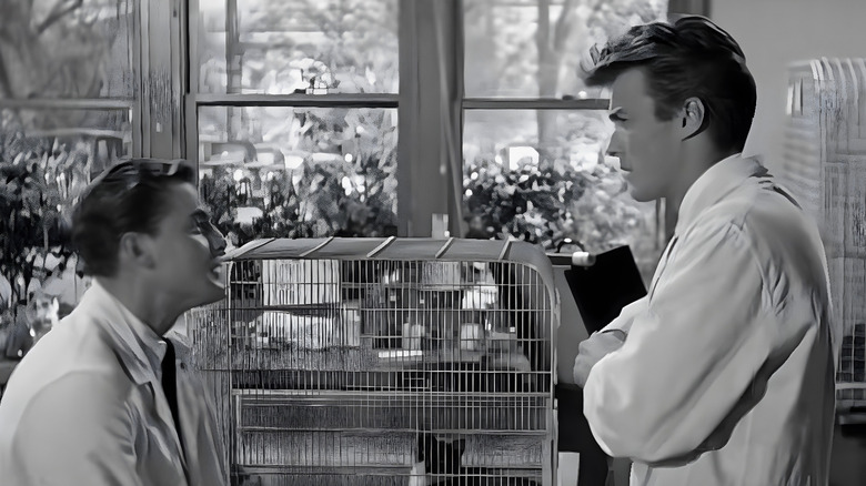 Clete (John Agar) and Clint Eastwood's lab tech looking at each other in "Revenge of the Creature."