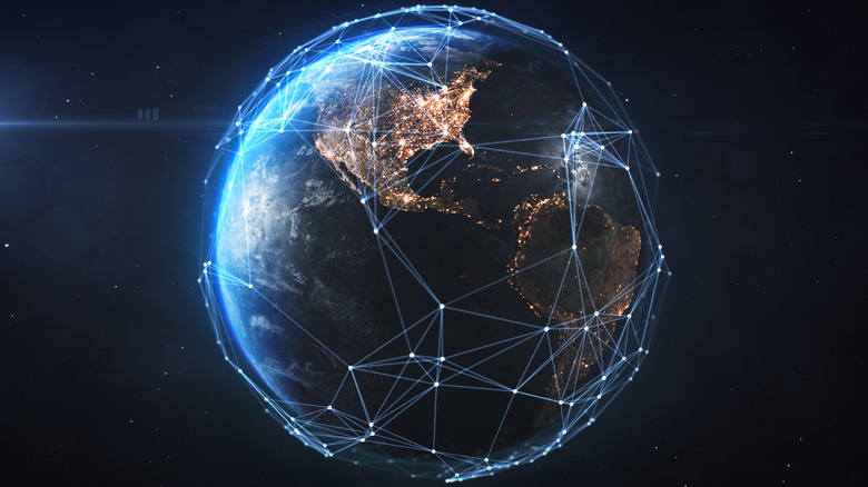 Image of Earth covered in virtual data points across different countries.