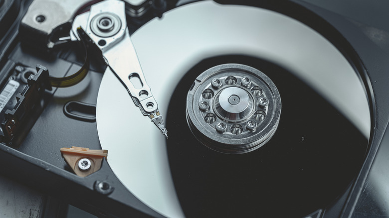 The magnetic platter on a hard disc drive.